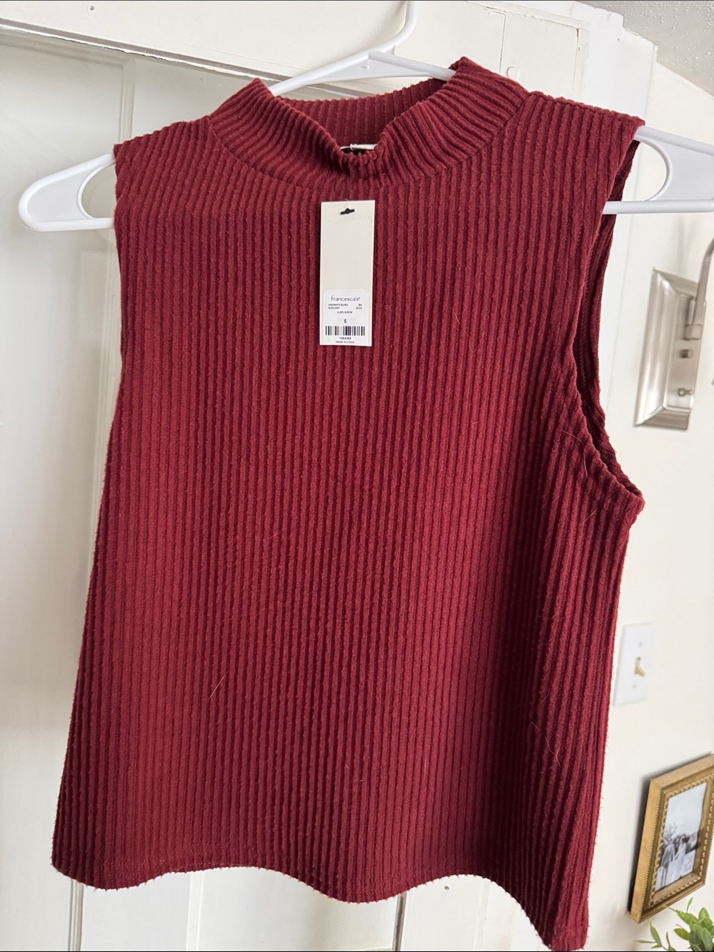 Francesca’s Sleeveless Ribbed Mock Neck Tank Top in Burgundy - Women